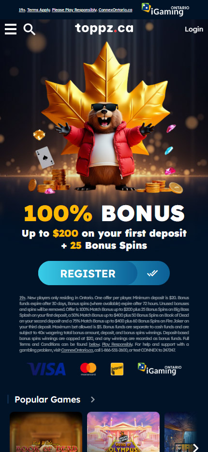 Toppz Casino Ontario Homepage mobile