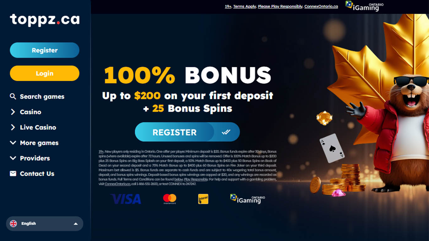 Screenshot of the Toppz Casino Ontario homepage