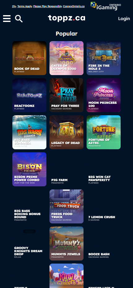 The most played games at Toppz Casino Ontario