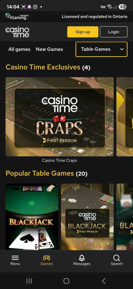 Casino Time Canada Table games mobile version