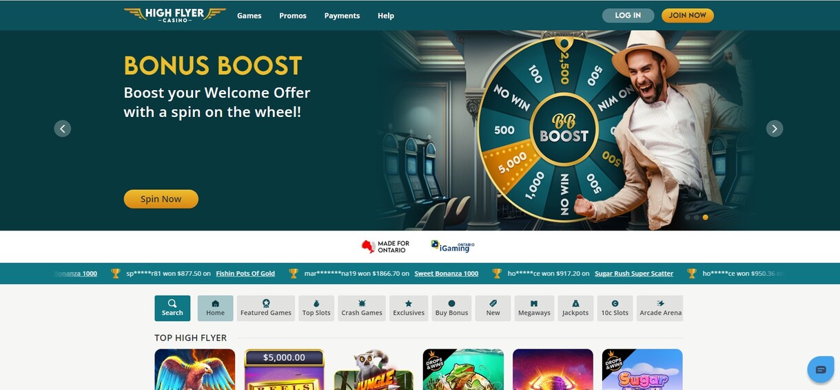 High Flyer Casino Canada Homepage pc