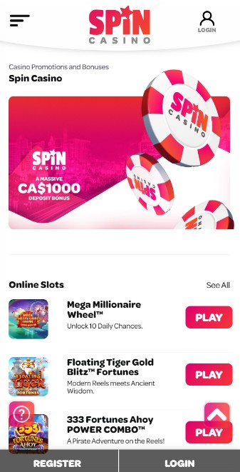 Spin Casino Canada Homepage
