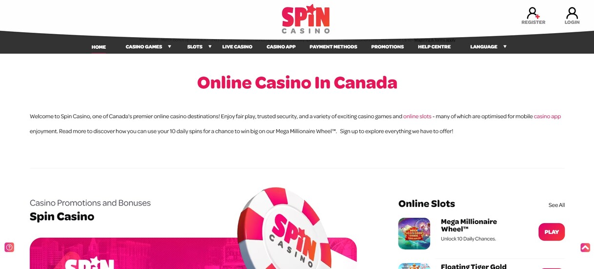 Spin Casino Canada Homepage pc